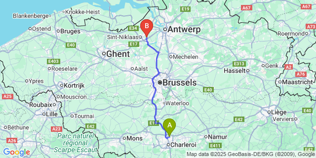 Map: Charleroi Airport Brussels South (CRL) to Velle