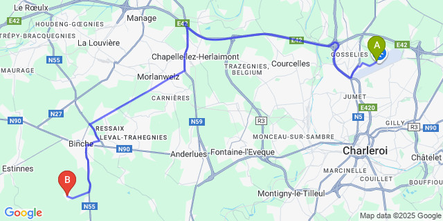 Map: Charleroi Airport Brussels South (CRL) to Vellereille-Les-Brayeux