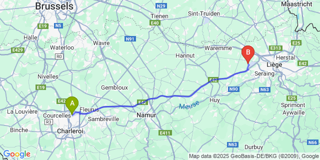 Map: Charleroi Airport Brussels South (CRL) to Velroux