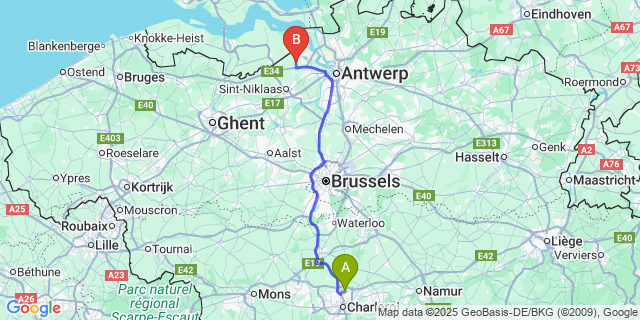 Map: Charleroi Airport Brussels South (CRL) to Verrebroek