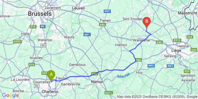 Map: Charleroi Airport Brussels South (CRL) to Veulen