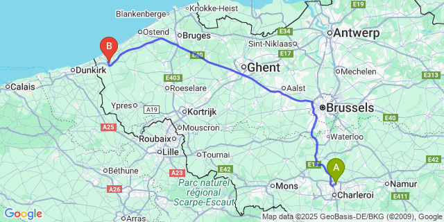 Map: Charleroi Airport Brussels South (CRL) to Veurne