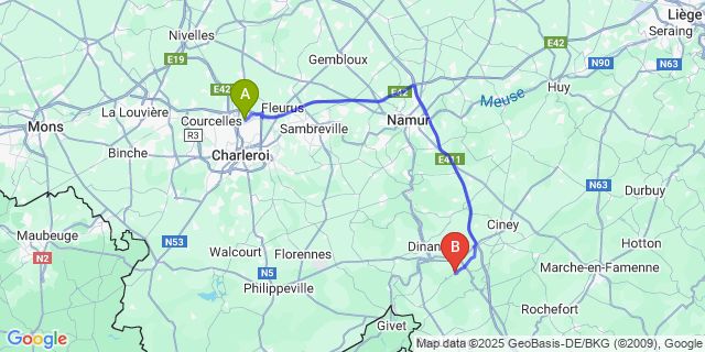 Map: Charleroi Airport Brussels South (CRL) to Veves