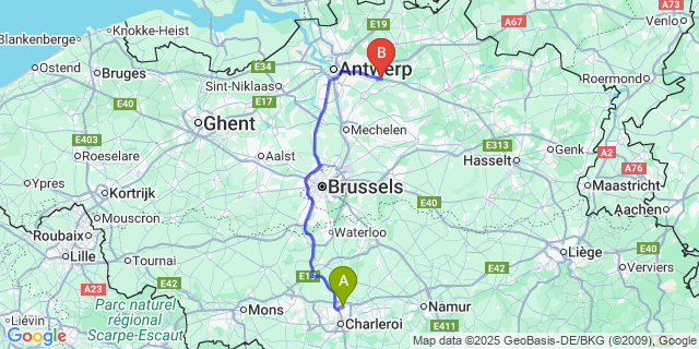 Map: Charleroi Airport Brussels South (CRL) to Viersel