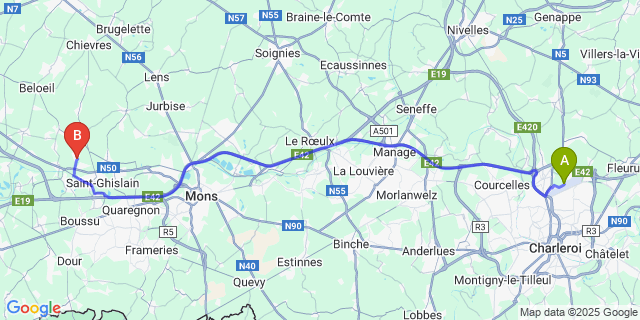 Map: Charleroi Airport Brussels South (CRL) to Villerot