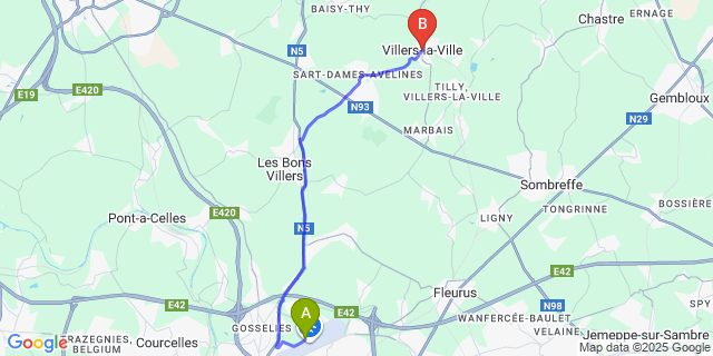 Map: Charleroi Airport Brussels South (CRL) to Villers-la-Ville