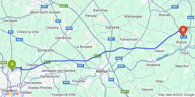 Map: Charleroi Airport Brussels South (CRL) to Vinalmont