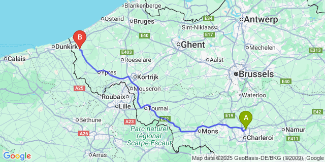 Map: Charleroi Airport Brussels South (CRL) to Vinkem