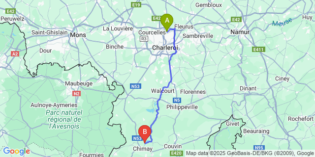 Map: Charleroi Airport Brussels South (CRL) to Virelles