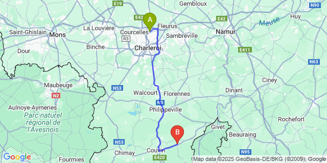 Map: Charleroi Airport Brussels South (CRL) to Viroinval