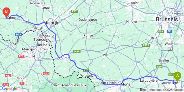 Map: Charleroi Airport Brussels South (CRL) to Vlamertinge
