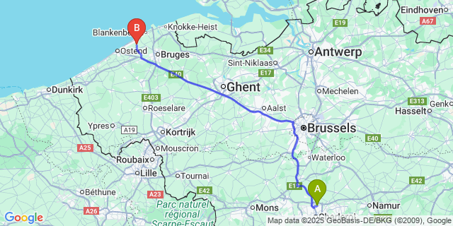 Map: Charleroi Airport Brussels South (CRL) to Vlissegem