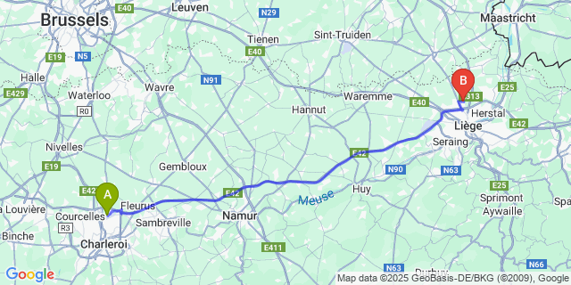 Map: Charleroi Airport Brussels South (CRL) to Voroux-Lez-Liers