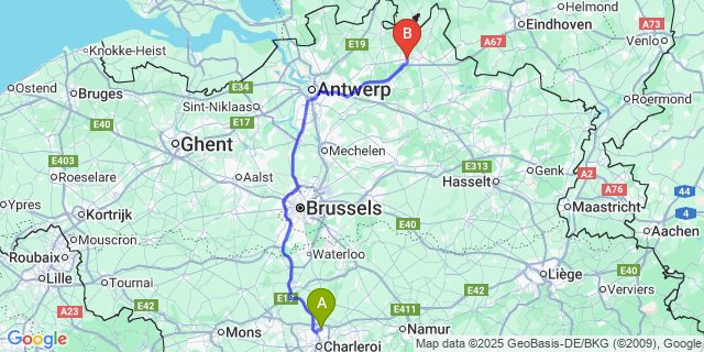 Map: Charleroi Airport Brussels South (CRL) to Vosselaar