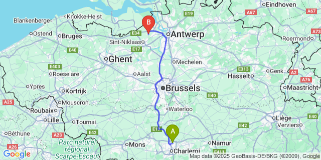 Map: Charleroi Airport Brussels South (CRL) to Vrasene