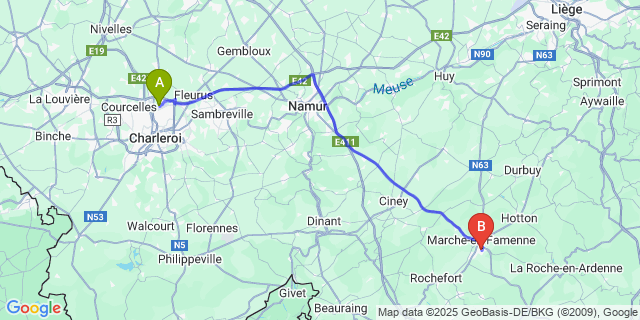Map: Charleroi Airport Brussels South (CRL) to Waha