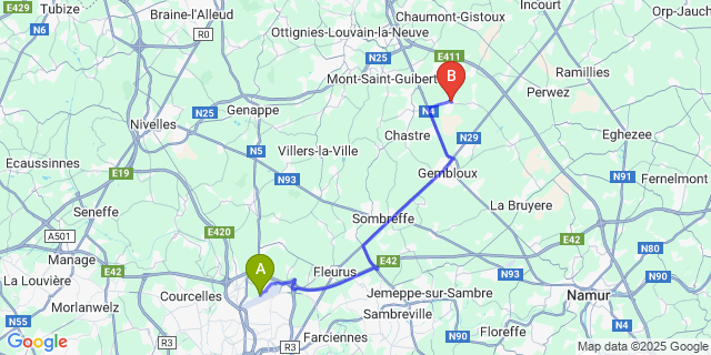 Map: Charleroi Airport Brussels South (CRL) to Walhain-Saint-Paul