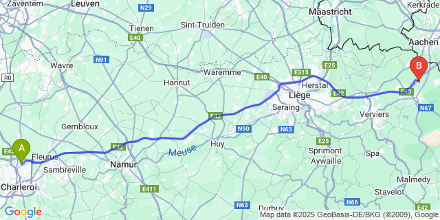 Map: Charleroi Airport Brussels South (CRL) to Walhorn