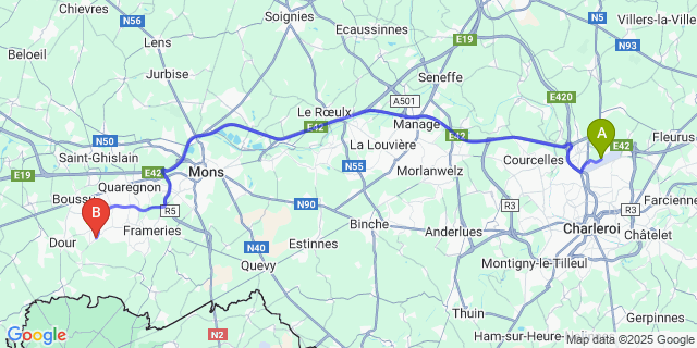 Map: Charleroi Airport Brussels South (CRL) to Warquignies