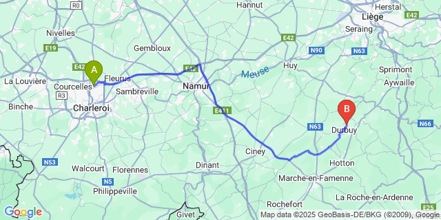 Map: Charleroi Airport Brussels South (CRL) to Warre