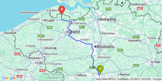 Map: Charleroi Airport Brussels South (CRL) to Watervliet