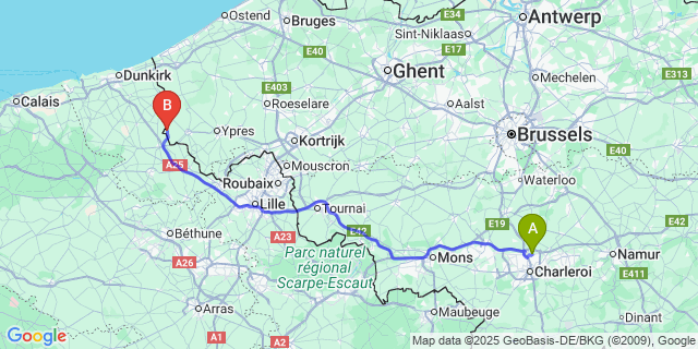 Map: Charleroi Airport Brussels South (CRL) to Watou