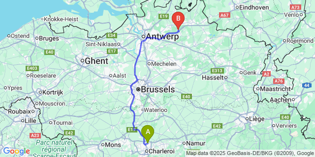 Map: Charleroi Airport Brussels South (CRL) to Wechelderzande