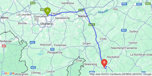 Map: Charleroi Airport Brussels South (CRL) to Wellin