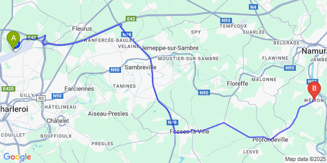 Map: Charleroi Airport Brussels South (CRL) to Wépion