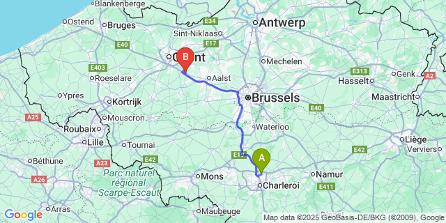 Map: Charleroi Airport Brussels South (CRL) to Westrem