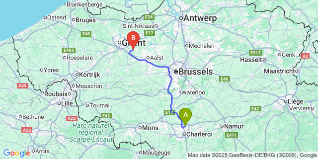 Map: Charleroi Airport Brussels South (CRL) to Wetteren