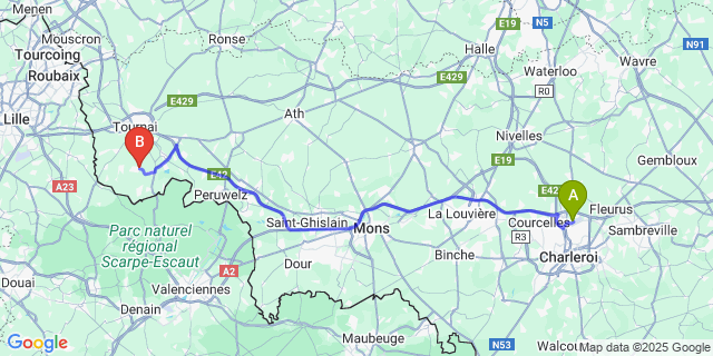 Map: Charleroi Airport Brussels South (CRL) to Wez-Velvain