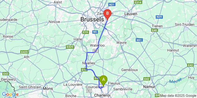 Map: Charleroi Airport Brussels South (CRL) to Wezembeek-Oppem