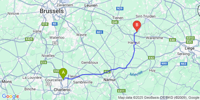 Map: Charleroi Airport Brussels South (CRL) to Wezeren
