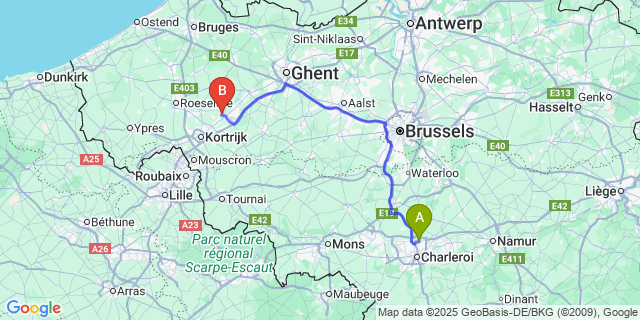 Map: Charleroi Airport Brussels South (CRL) to Wielsbeke