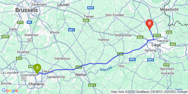 Map: Charleroi Airport Brussels South (CRL) to Wihogne