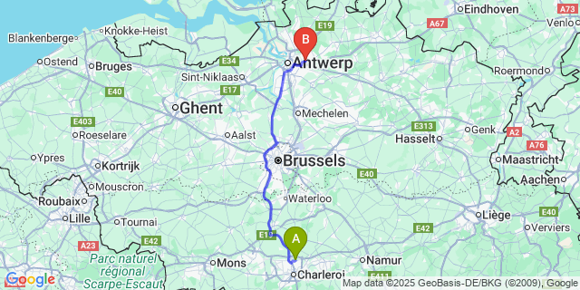 Map: Charleroi Airport Brussels South (CRL) to Wijnegem