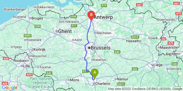Map: Charleroi Airport Brussels South (CRL) to Wilrijk