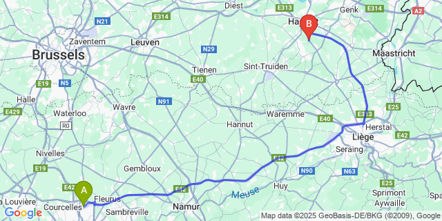 Map: Charleroi Airport Brussels South (CRL) to Wimmertingen