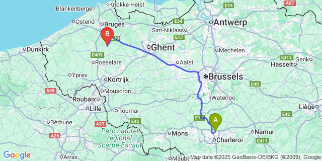 Map: Charleroi Airport Brussels South (CRL) to Wingene