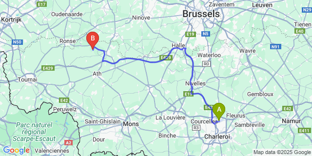 Map: Charleroi Airport Brussels South (CRL) to Wodecq