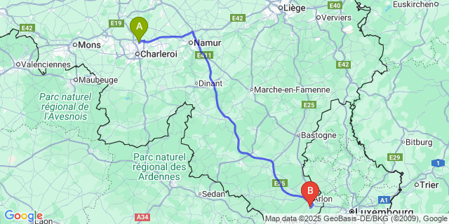 Map: Charleroi Airport Brussels South (CRL) to Wolkrange