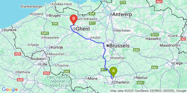 Map: Charleroi Airport Brussels South (CRL) to Wondelgem