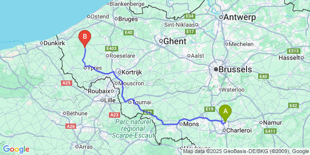 Map: Charleroi Airport Brussels South (CRL) to Woumen