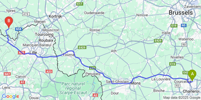 Map: Charleroi Airport Brussels South (CRL) to Wulvergem