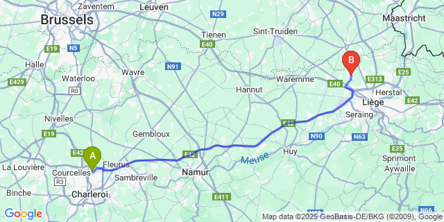 Map: Charleroi Airport Brussels South (CRL) to Xhendremael
