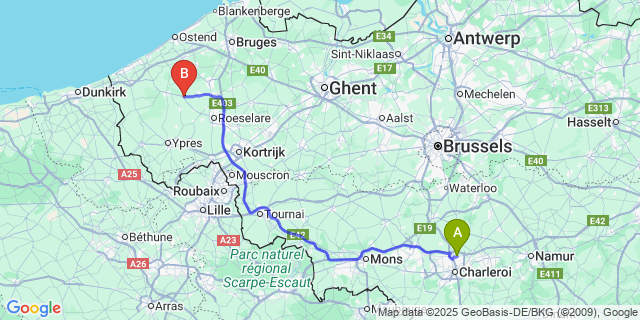 Map: Charleroi Airport Brussels South (CRL) to Zarren