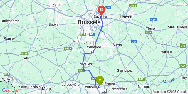 Map: Charleroi Airport Brussels South (CRL) to Zaventem