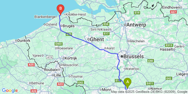 Map: Charleroi Airport Brussels South (CRL) to Zeebrugge