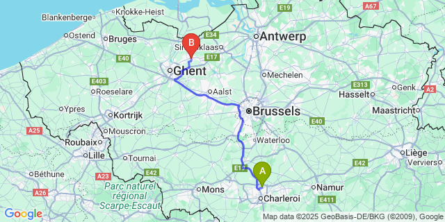 Map: Charleroi Airport Brussels South (CRL) to Zeveneken